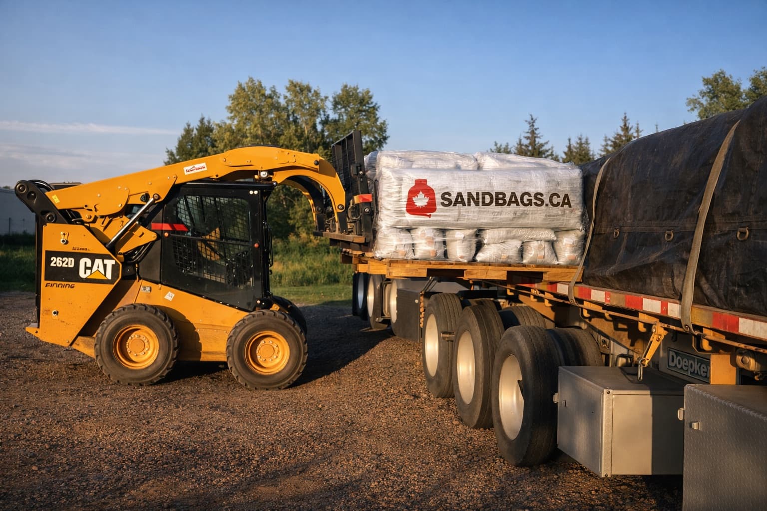 Skid steer placing a pallet of sandbags on a flatbed trailer